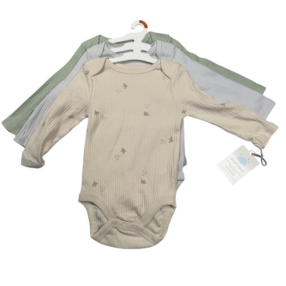 Cloud Island 3 Pack Baby Boy 6-9M Long Sleeve Bodysuits Blue Brown Solid Ribbed